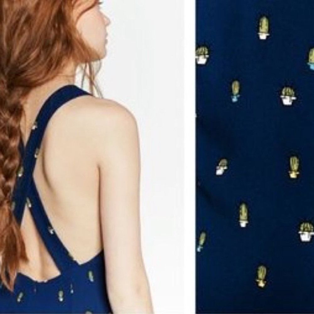 ZARA Romper Shorts Cactus Succulents Navy One-piece Summer Cross Strap Back NWT - Picture 2 of 6